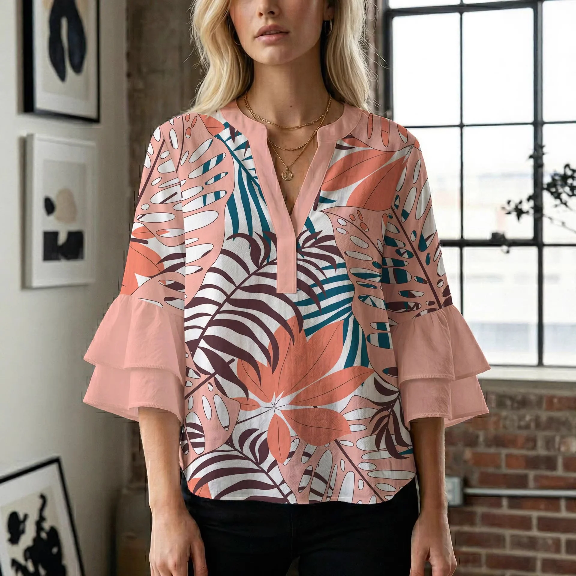 Damen Blusenshirt mit voluminösen Ärmeln und kreativem Druckdesign R&B - Image 4