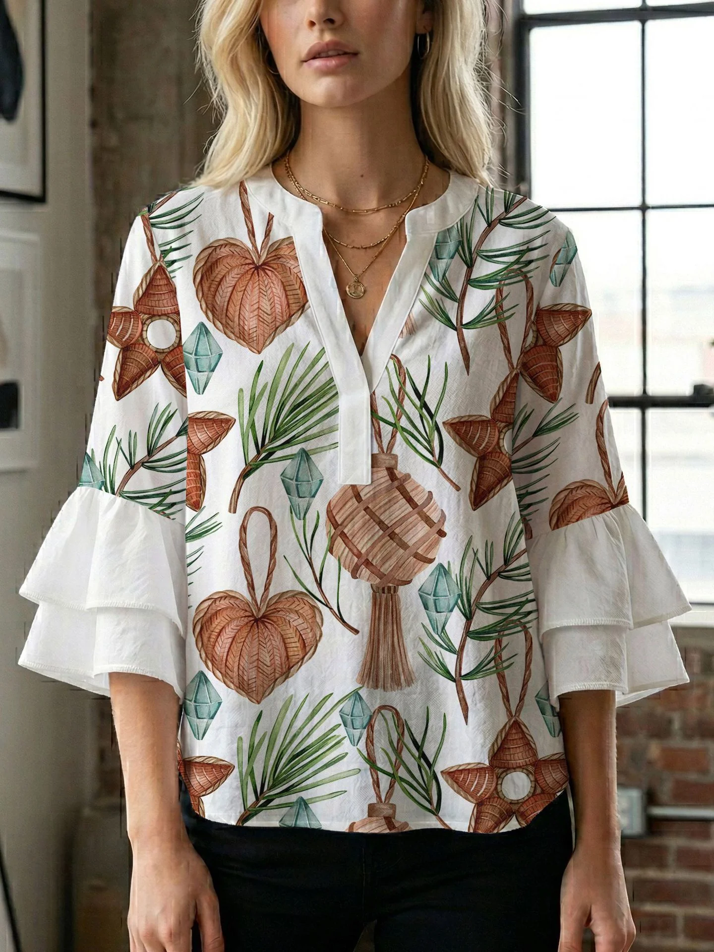 Damen Blusenshirt mit voluminösen Ärmeln und kreativem Druckdesign R&B - Image 7