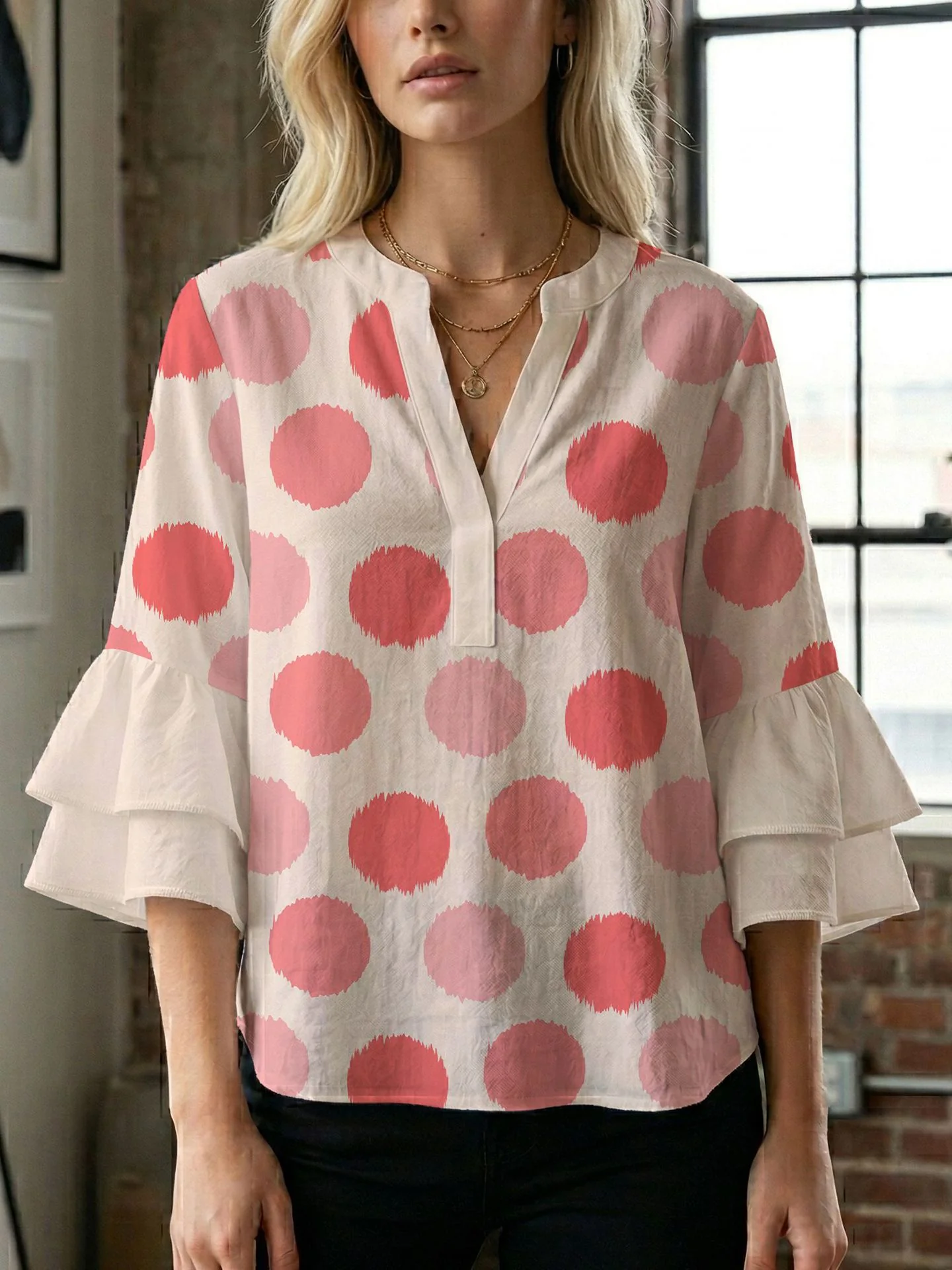 Damen Blusenshirt mit voluminösen Ärmeln und kreativem Druckdesign R&B - Image 8