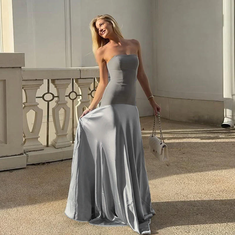 Damen bodenlanges Abendkleid mit trägerlosem Design und fließendem Satin R&B - Image 3