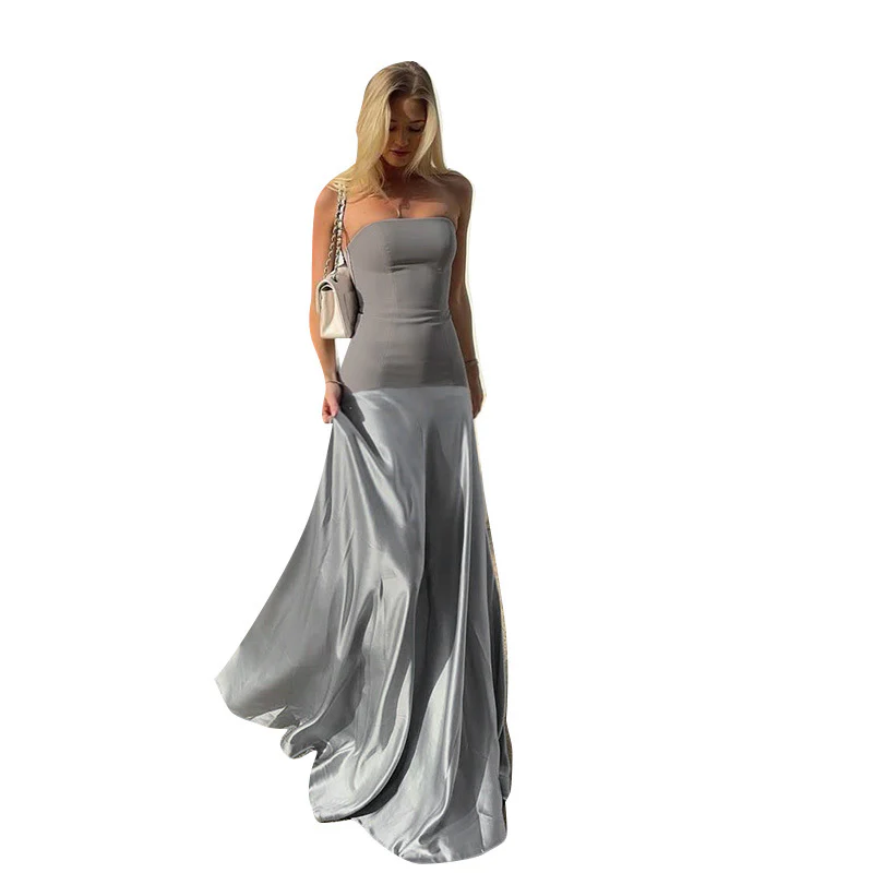Damen bodenlanges Abendkleid mit trägerlosem Design und fließendem Satin R&B - Image 5