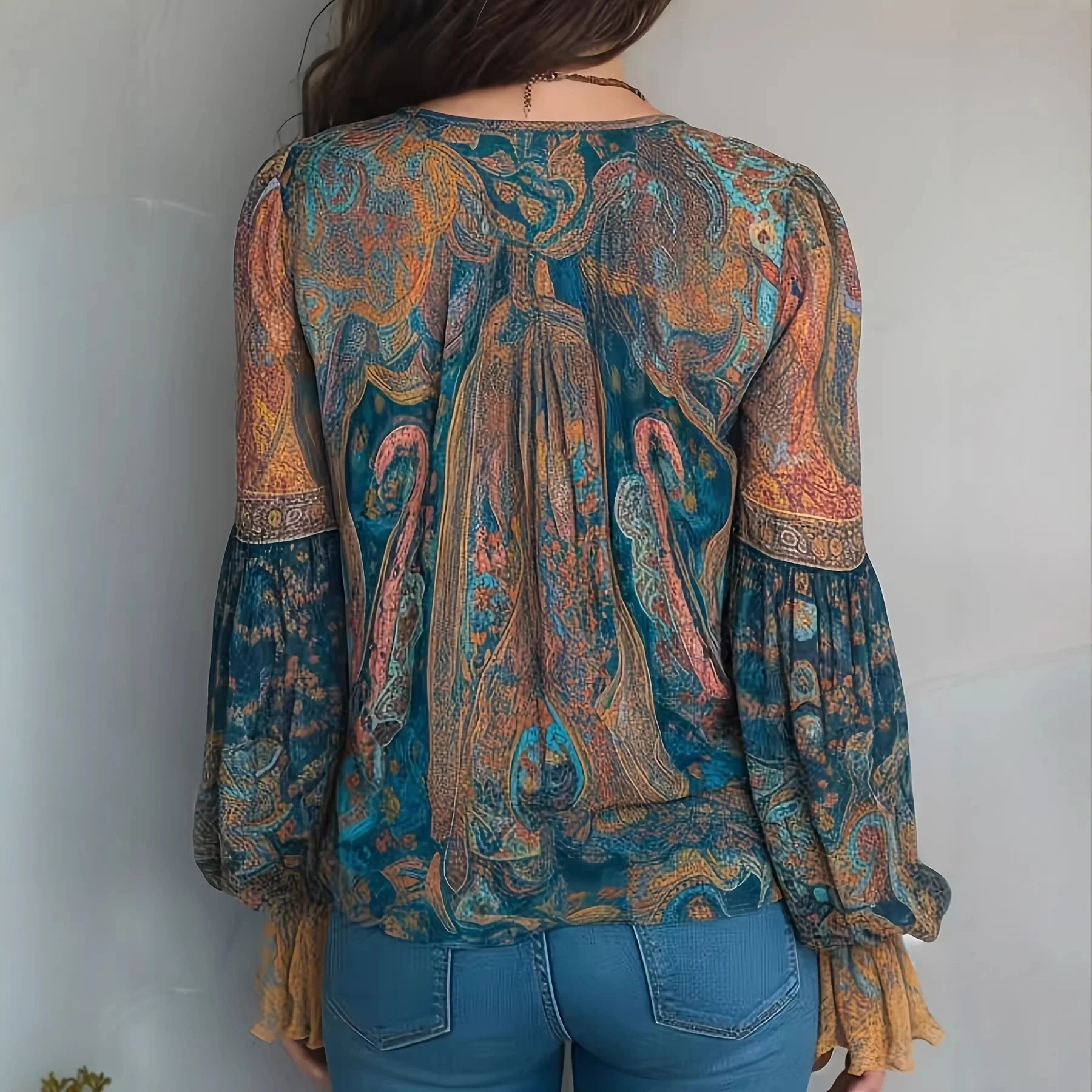 Damen Boho-Chic Bluse mit geflammten Ärmeln und V-Ausschnitt R&B - Image 2