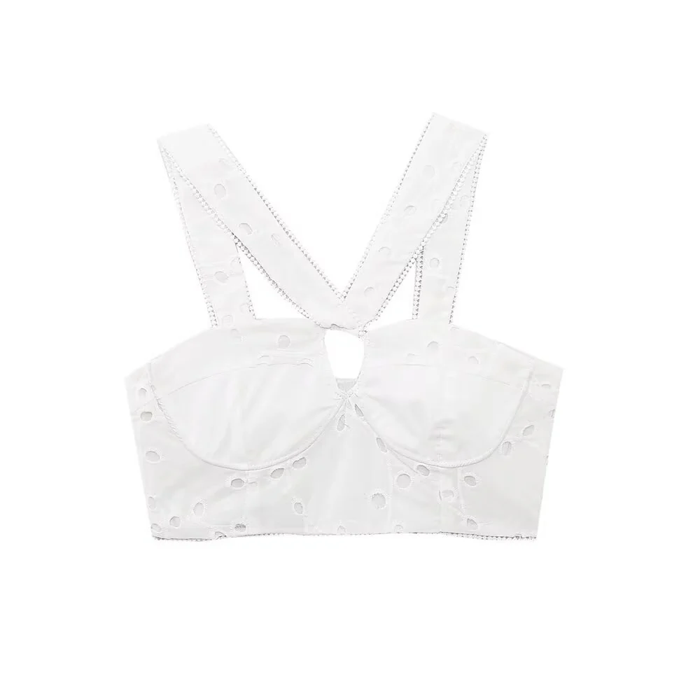 Damen Brokat-Crop-Top mit elegantem Ausschnitt und verzierten Trägern R&B