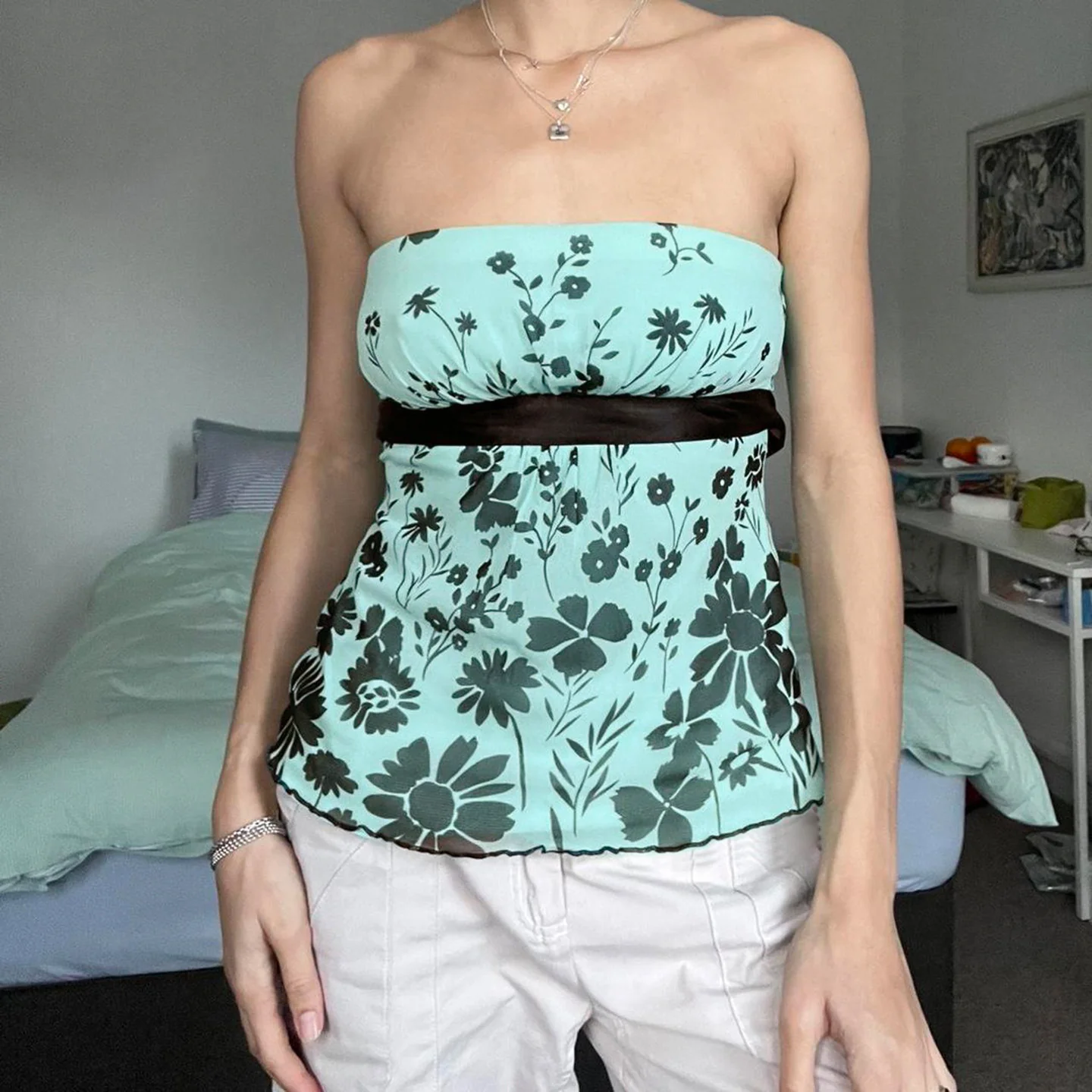 Damen Bustier-Top mit floralem Muster und Taillenband R&B
