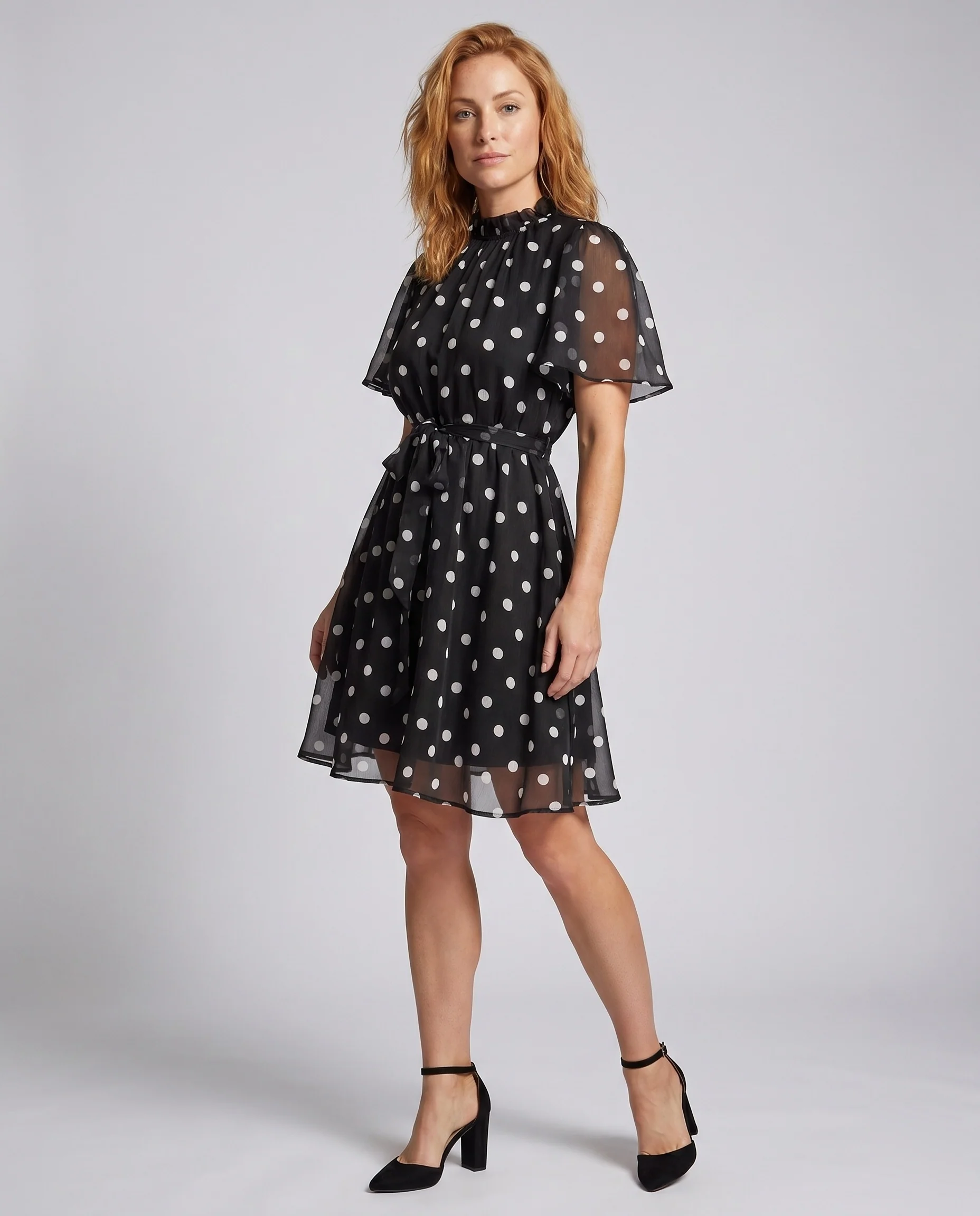 Damen Chiffon Kleid mit Polka Dots und Taillengürtel R&B