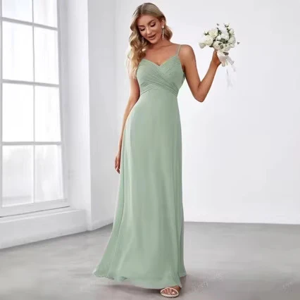 Damen Chiffon Maxikleid mit elegantem V-Ausschnitt und gerafftem Oberteil R&B