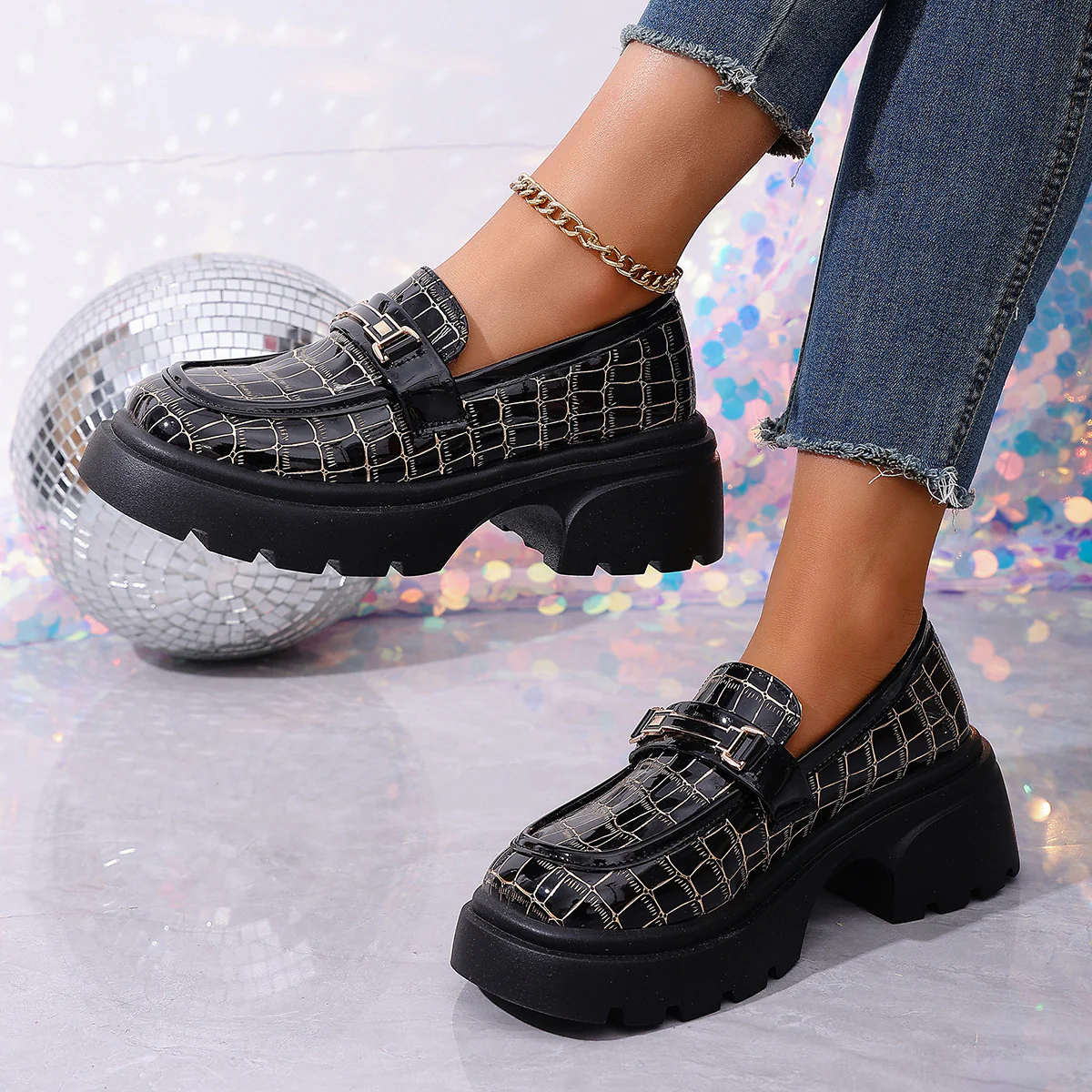Damen Chunky Loafers mit glamourösem Krokodil-Design und komfortabler Plattform R&B - Image 6