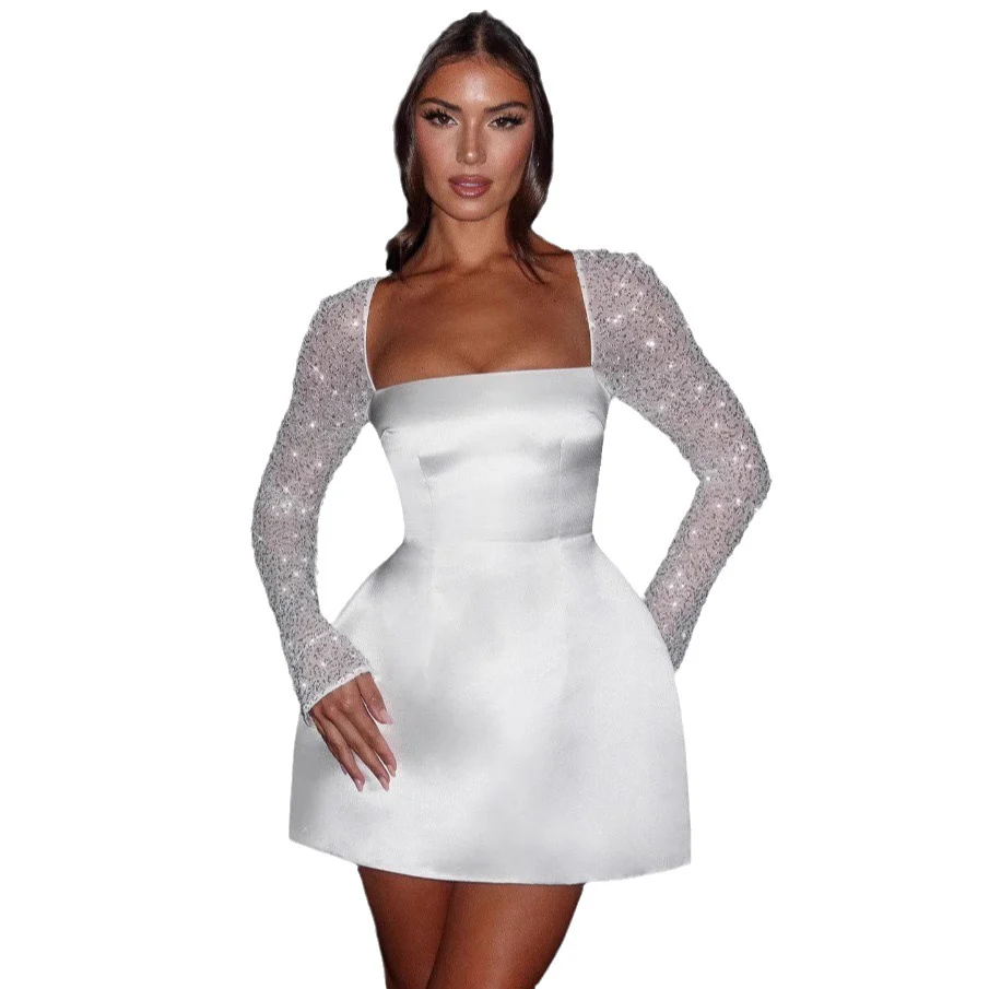 Damen Cocktailkleid mit glitzernden Ärmeln und schwingendem Rock R&B - Image 5