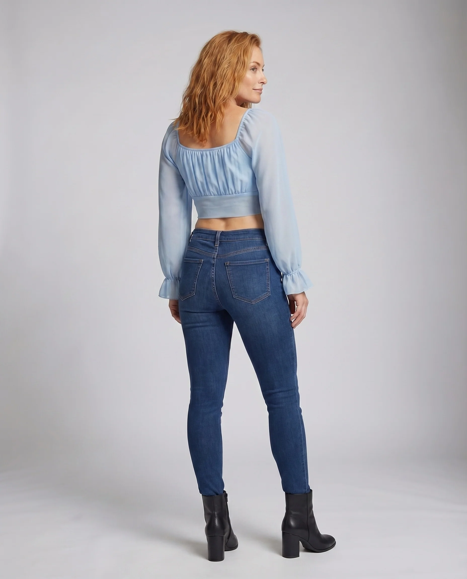 Damen Crop-Oberteil mit langen Puffärmeln und raffiniertem Knoten - Image 4
