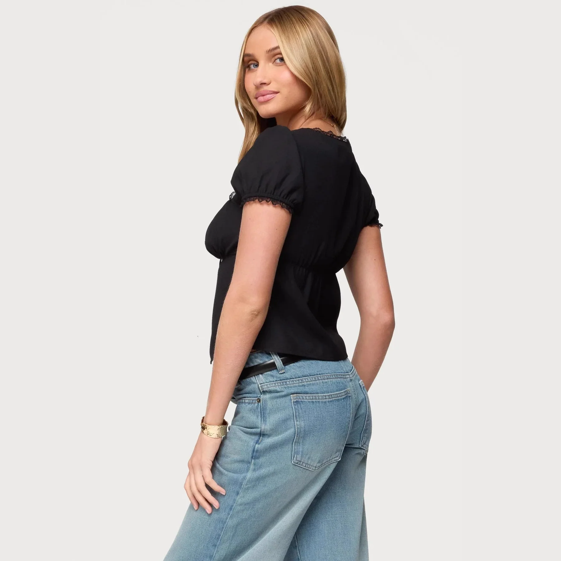 Damen Crop-Oberteil mit Spitzenbesatz und Schnürdetail R&B - Image 5