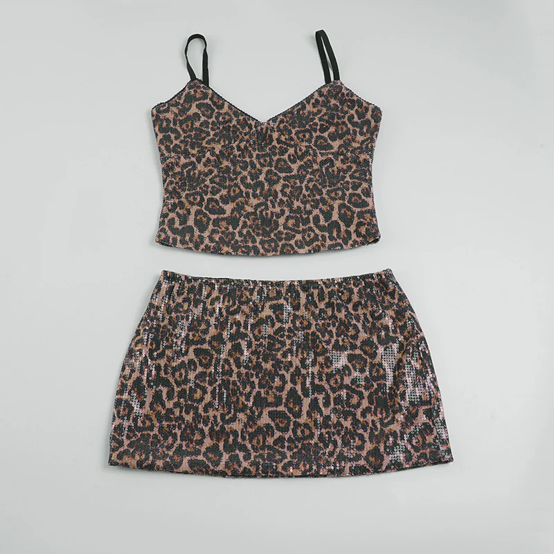 Damen Crop-Top und Minirock-Set mit Leopardenmuster und funkelnden Details R&B - Image 6