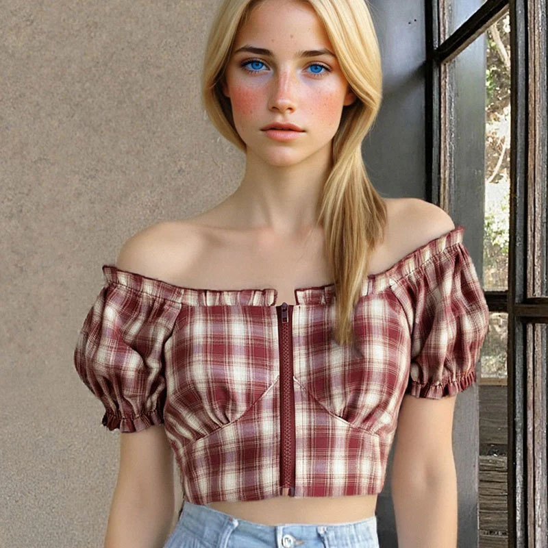 Damen Cropped Bluse mit Puffärmeln und Reißverschluss R&B - Image 3