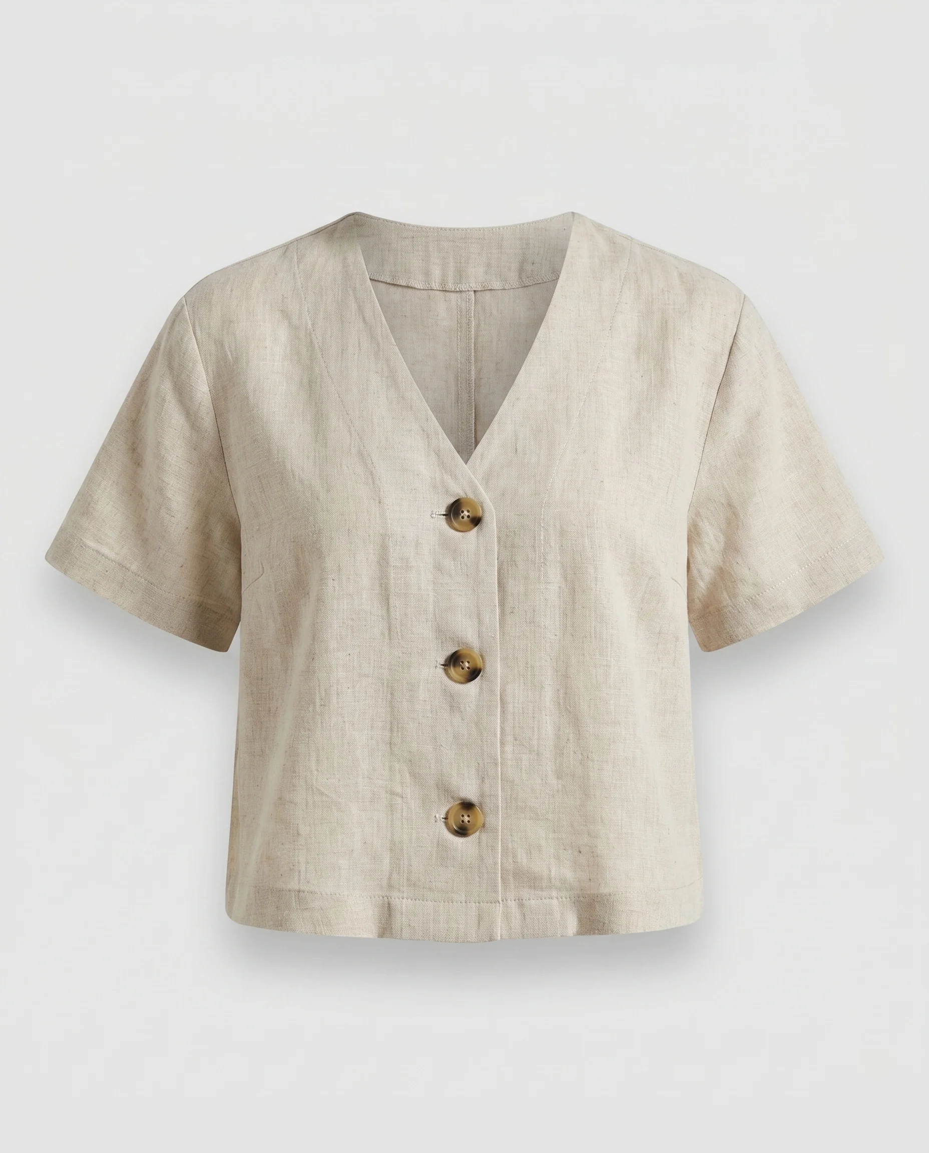 Damen cropped Leinenbluse mit Knopfleiste und elegantem V-Ausschnitt - Image 5