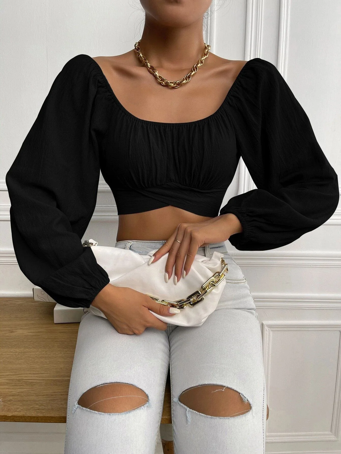 Damen Crop-Top mit Ballettärmeln und gerafftem Design R&B - Image 2