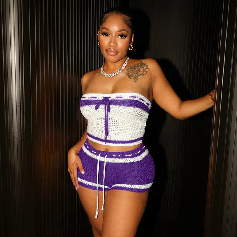 Damen Cropped Oberteil und Shorts Set mit gehäkeltem Design und elastischer Passform R&B - Image 7