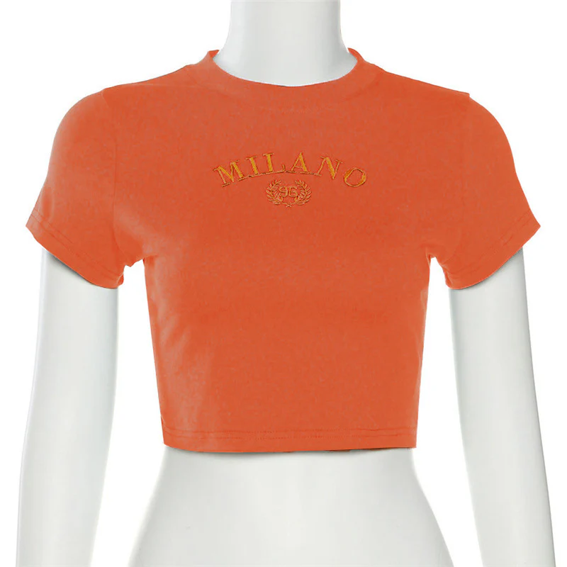 Damen cropped T-Shirt mit gesticktem Schriftzug und rundem Ausschnitt R&B - Image 7