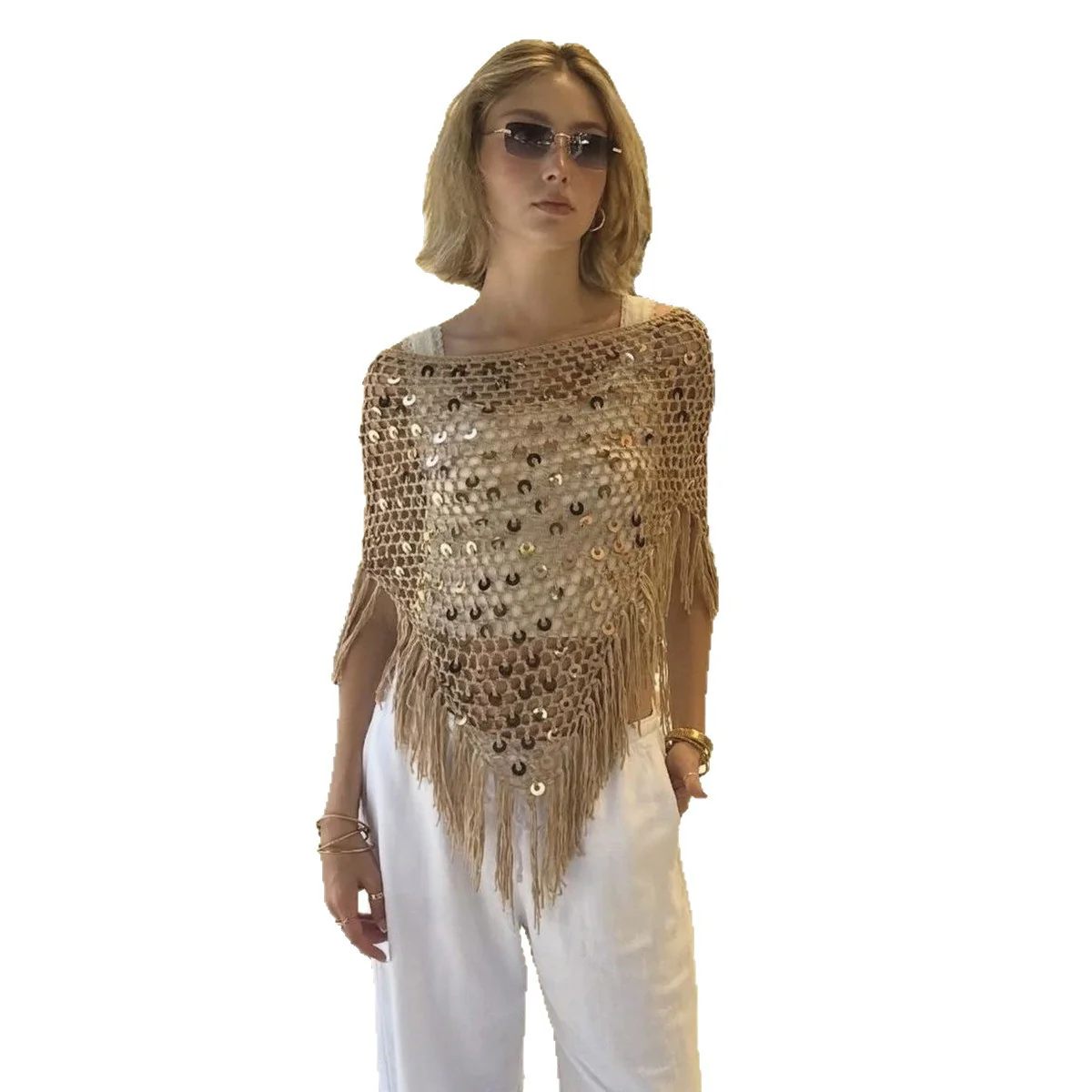 Damen dekorativer Spitzen-Poncho mit eleganten Pailletten und Fransen R&B - Image 5