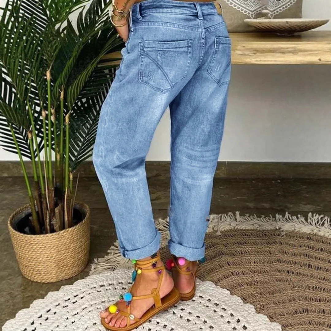 Damen Denim-Bundfaltenhose mit Knopfleiste und modischem Destroyed-Effekt R&B - Image 3