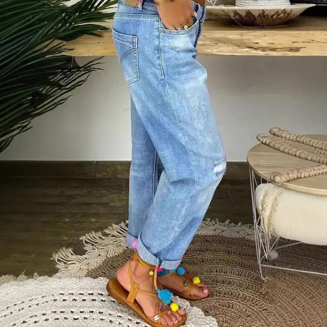 Damen Denim-Bundfaltenhose mit Knopfleiste und modischem Destroyed-Effekt R&B - Image 4