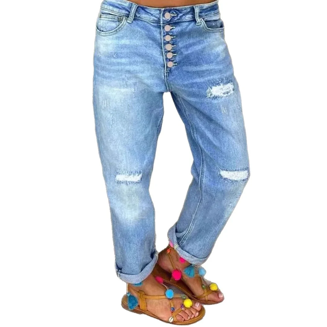 Damen Denim-Bundfaltenhose mit Knopfleiste und modischem Destroyed-Effekt R&B - Image 5