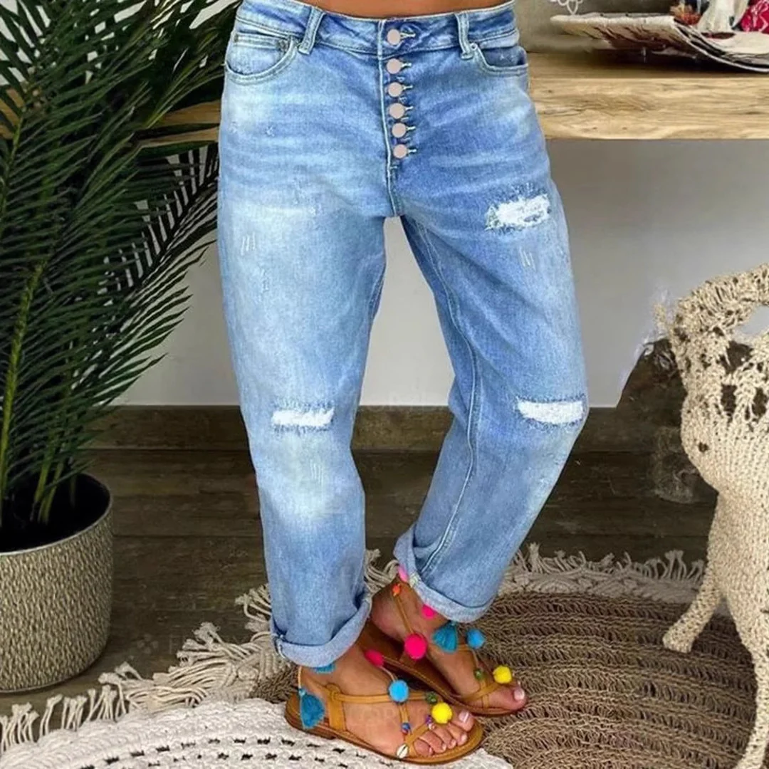 Damen Denim-Bundfaltenhose mit Knopfleiste und modischem Destroyed-Effekt R&B - Image 6