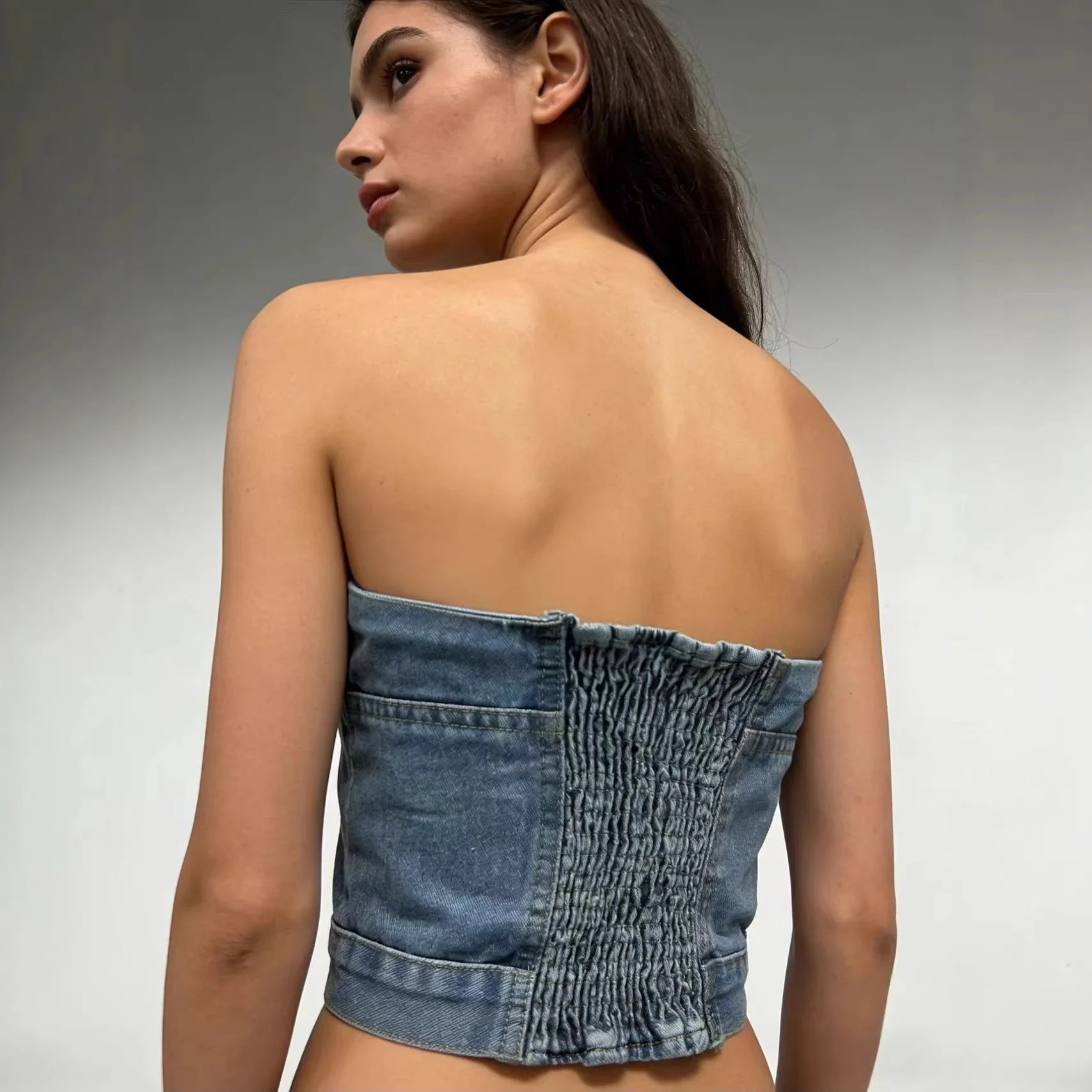 Damen Denim Bustier-Oberteil mit Knopfdetails und tailliertem Schnitt R&B - Image 2