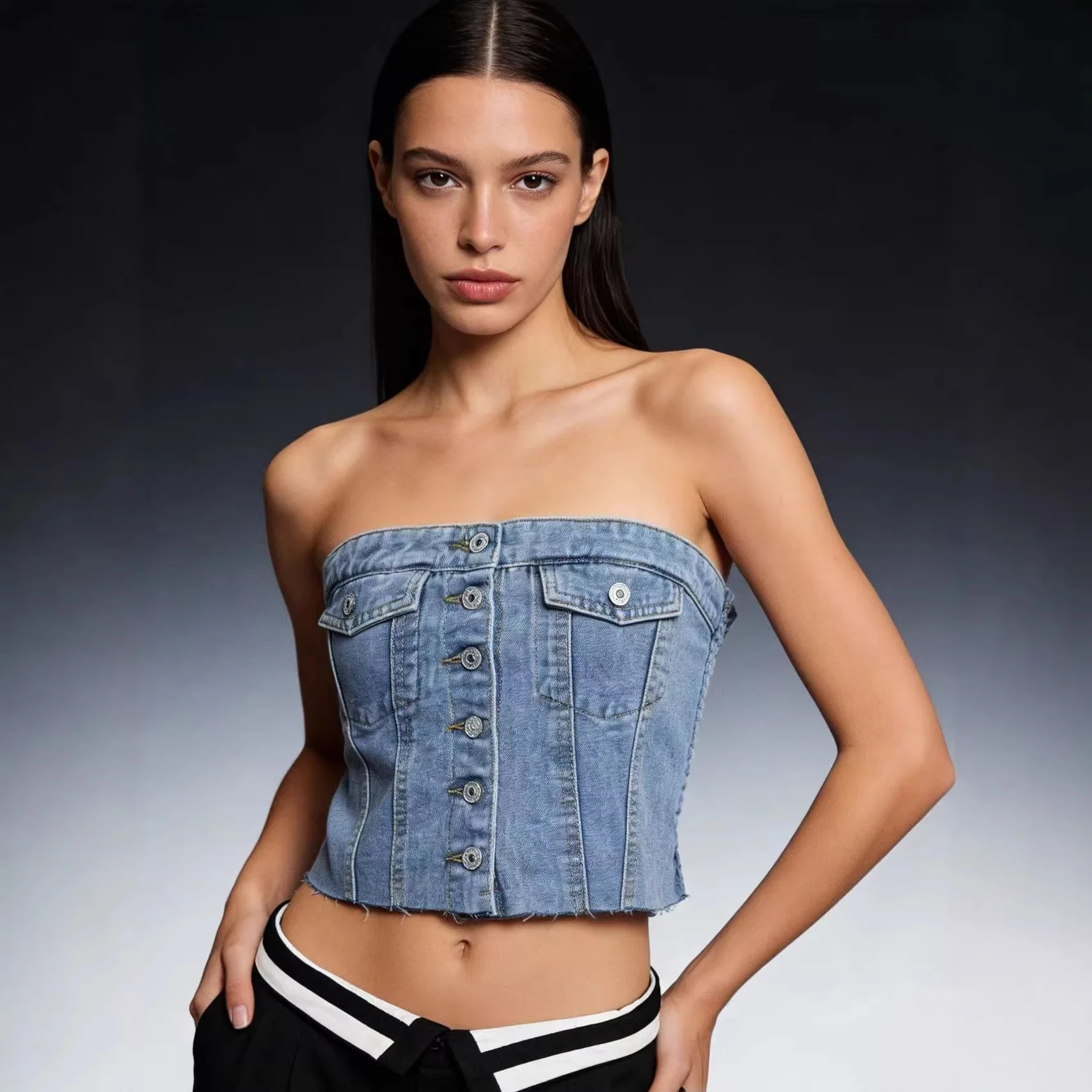 Damen Denim Bustier-Top mit Knopfdetail und Fransen R&B - Image 2
