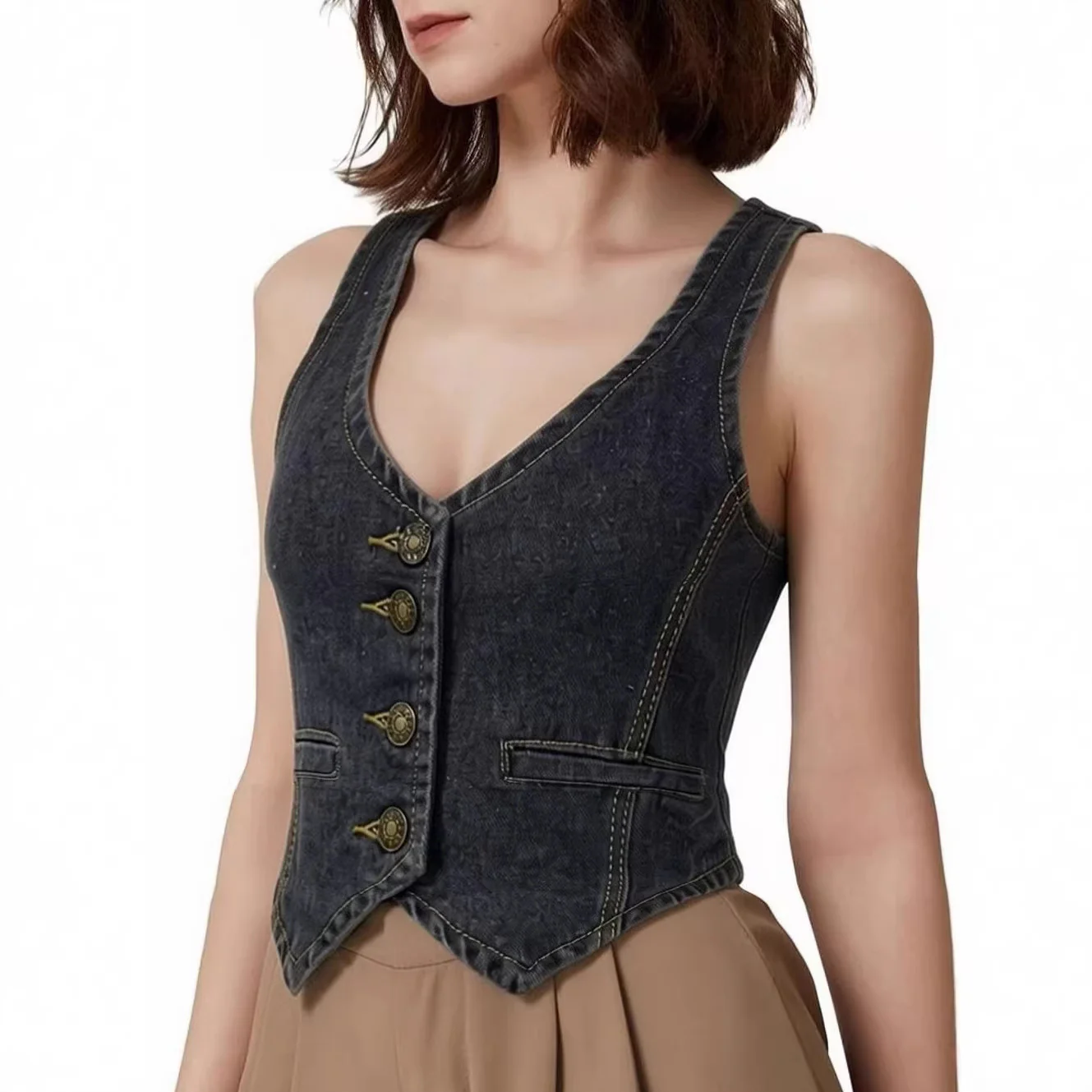Damen Denim Bustier-Top mit Knopfdetails und verlängerter Silhouette R&B - Image 2