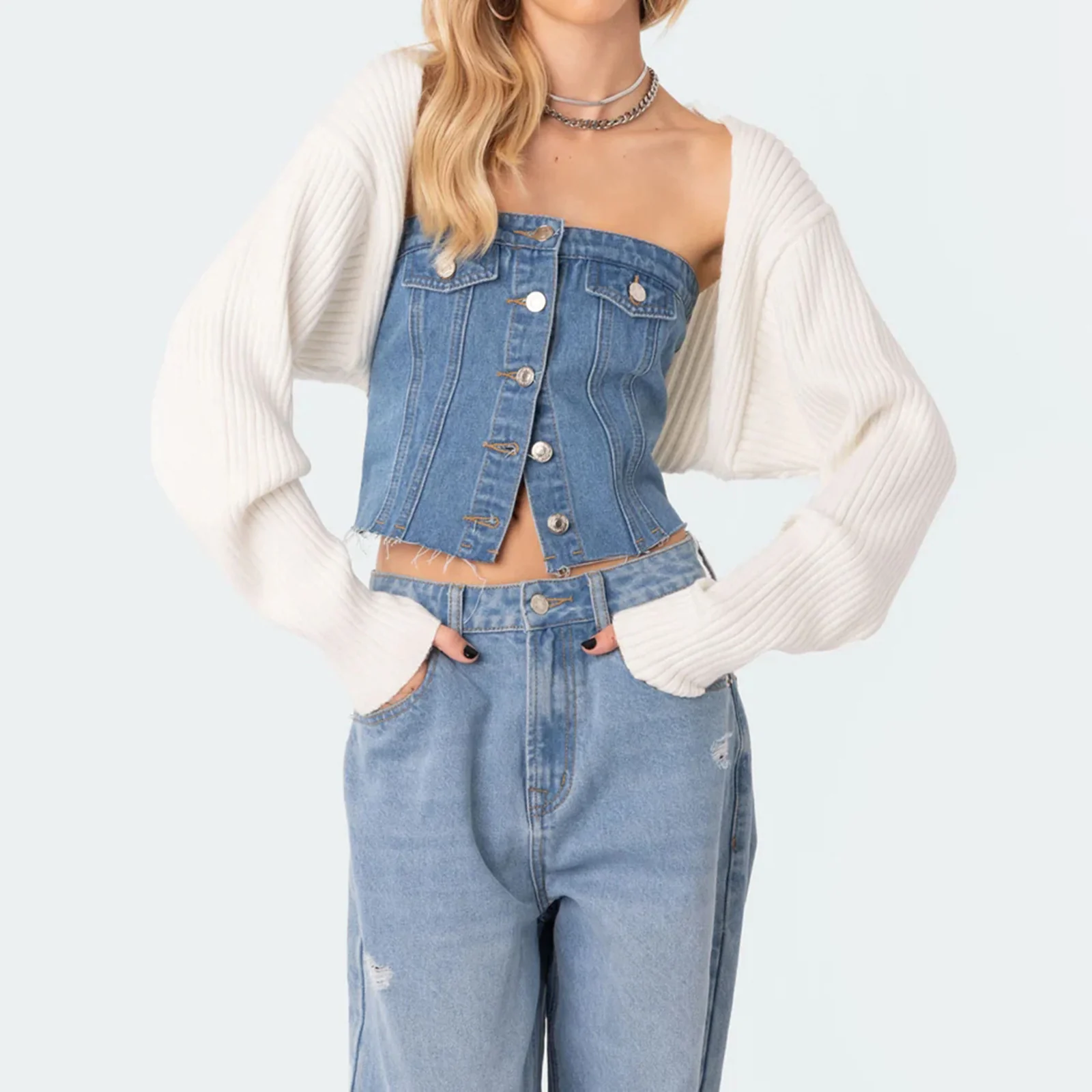 Damen Denim-Crop-Top mit gestricktem Überwurf R&B - Image 11