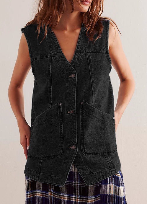 Damen Denim-Latzjacke mit praktischen Taschen und modischem V-Ausschnitt R&B - Image 7