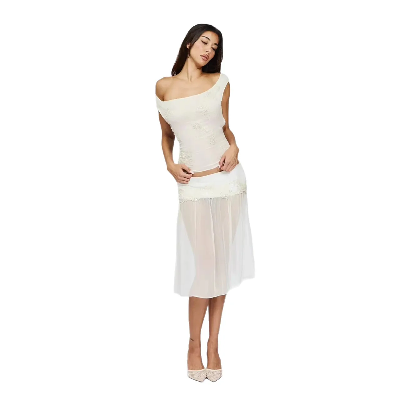 Damen durchsichtiger Spitzenrock mit elastischem Bund und floralem Detail R&B - Image 5
