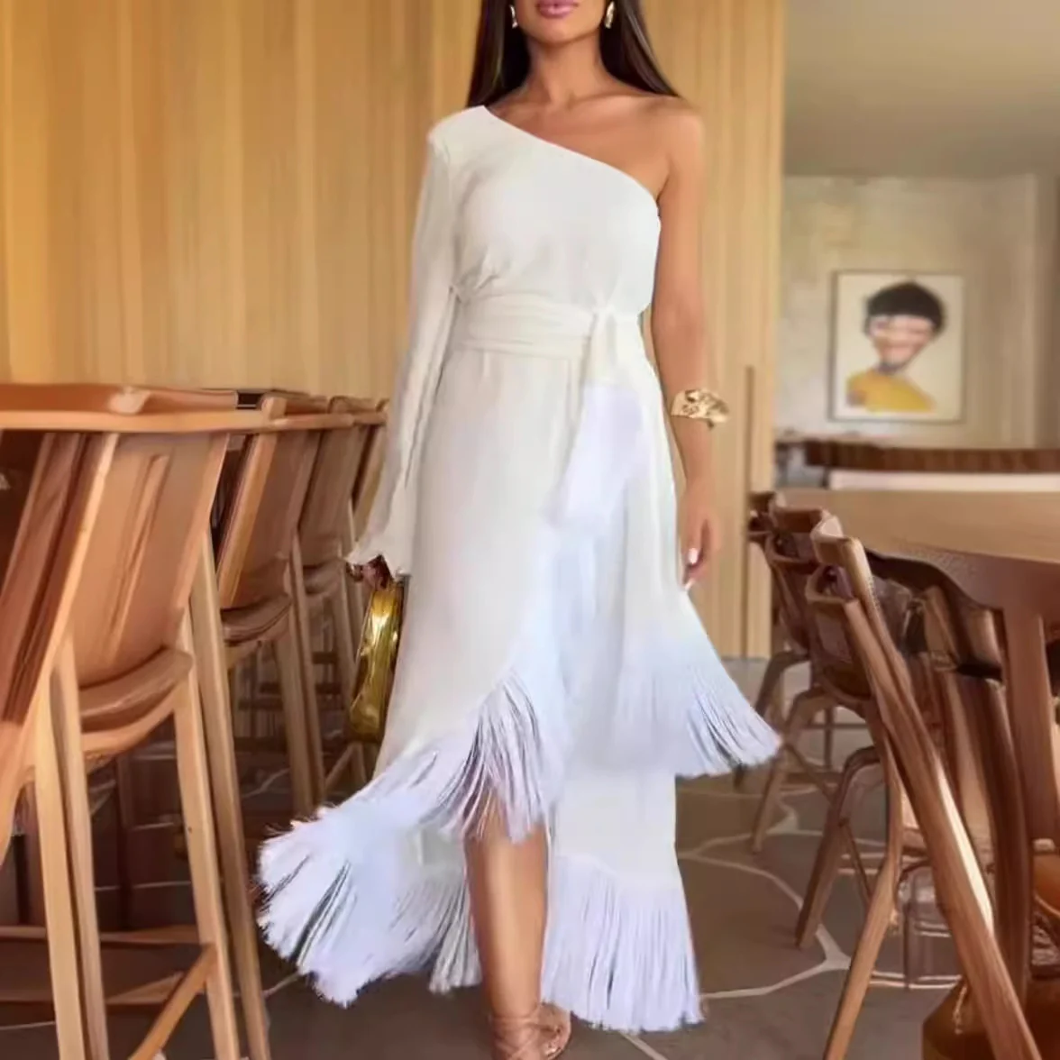 Damen Edles Maxikleid mit asymmetrischem Design und fransierten Details R&B - Image 2