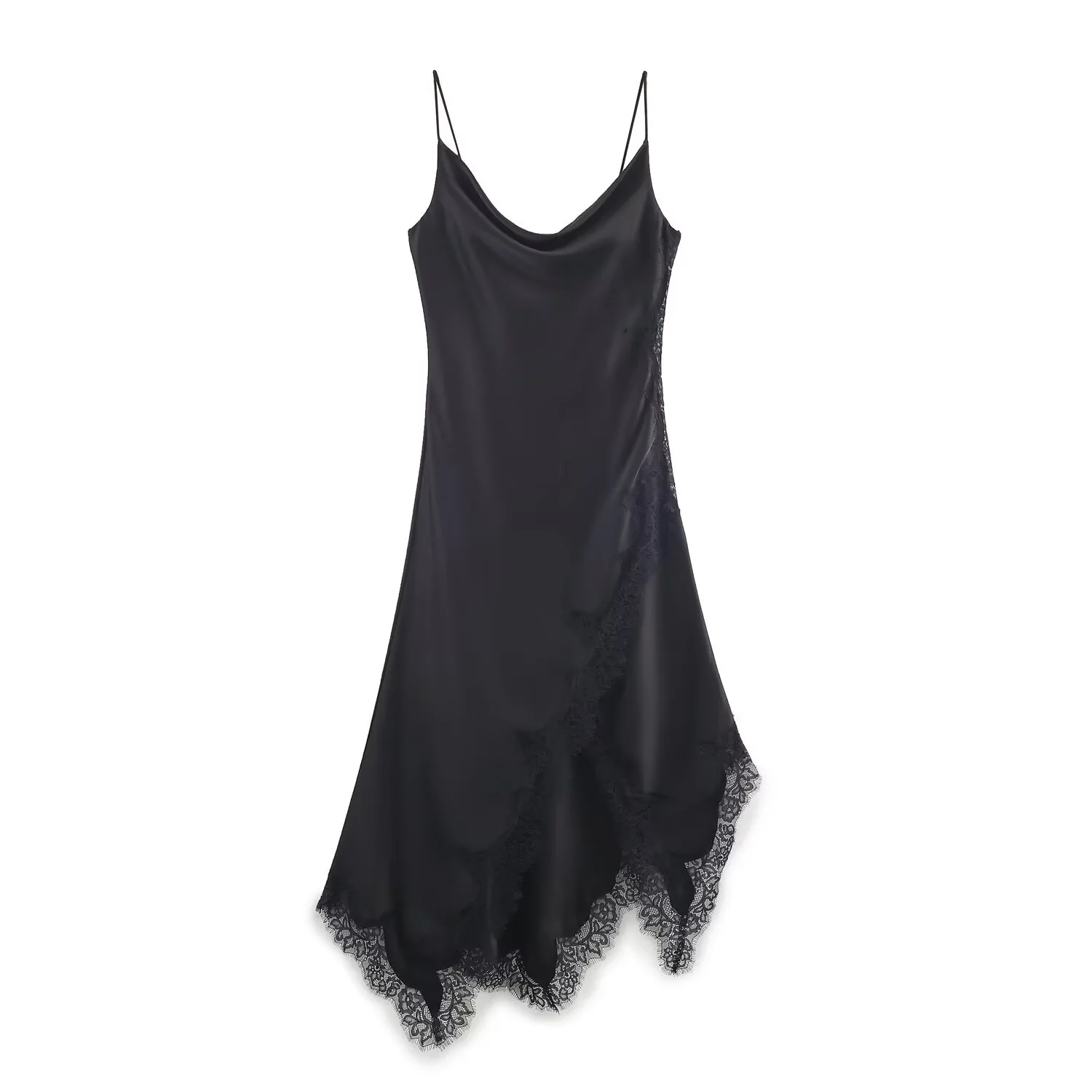 Damen edles Spaghetti-Trägerkleid mit zarter Spitze und fließendem Satin R&B - Image 3
