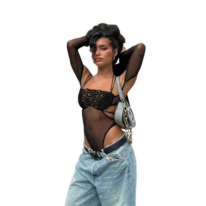 Damen Einteiler Bodysuit mit eleganter Spitzendekoration und transparenter Optik R&B - Image 5