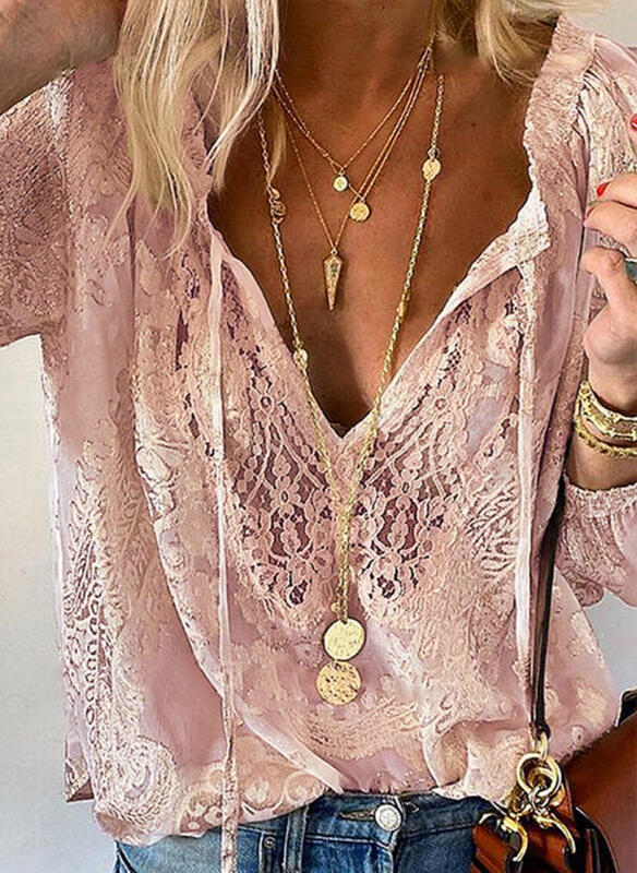 Damen elegante Bluse mit feiner Spitze und tiefem V-Ausschnitt R&B - Image 8