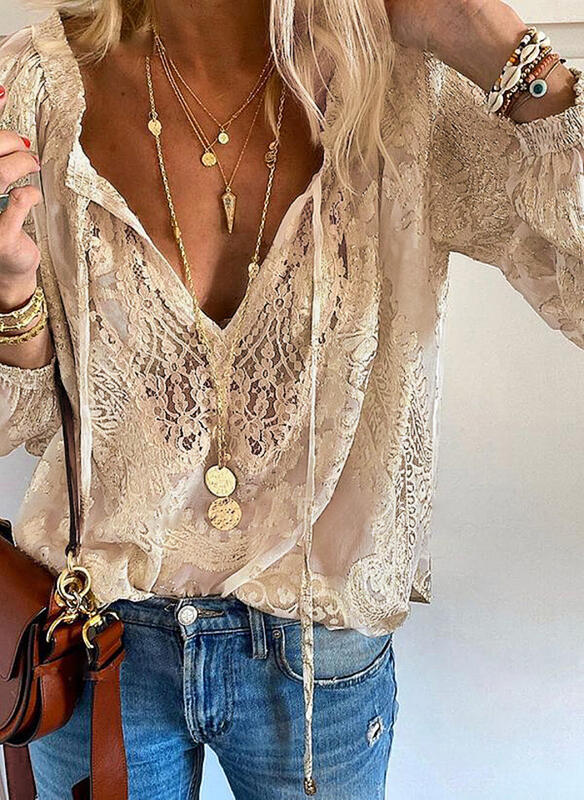 Damen elegante Bluse mit feiner Spitze und tiefem V-Ausschnitt R&B - Image 9