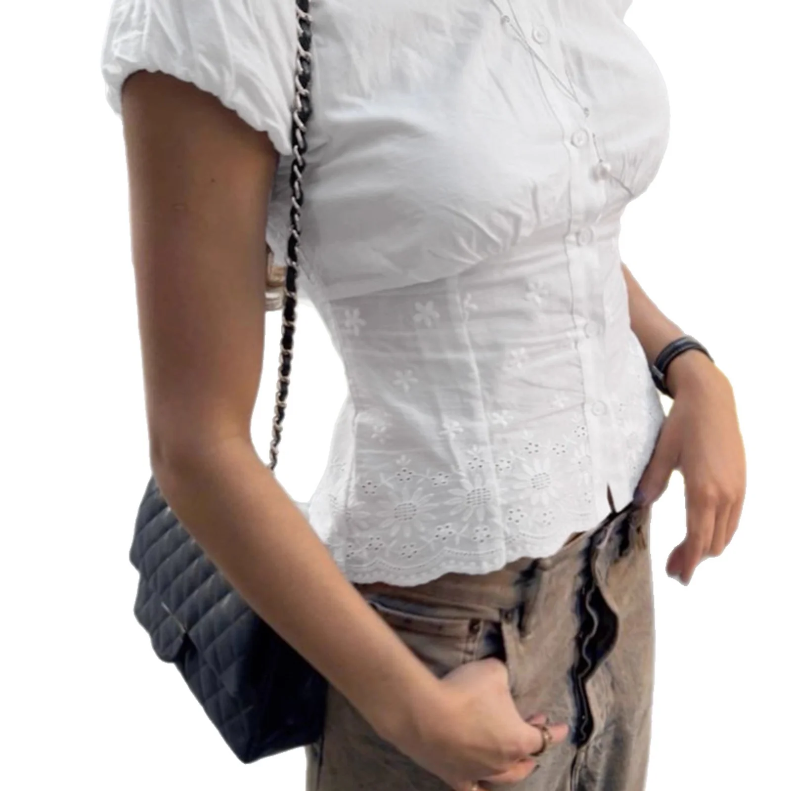 Damen elegante Bluse mit floralen Stickereien und gepufften Ärmel R&B - Image 5
