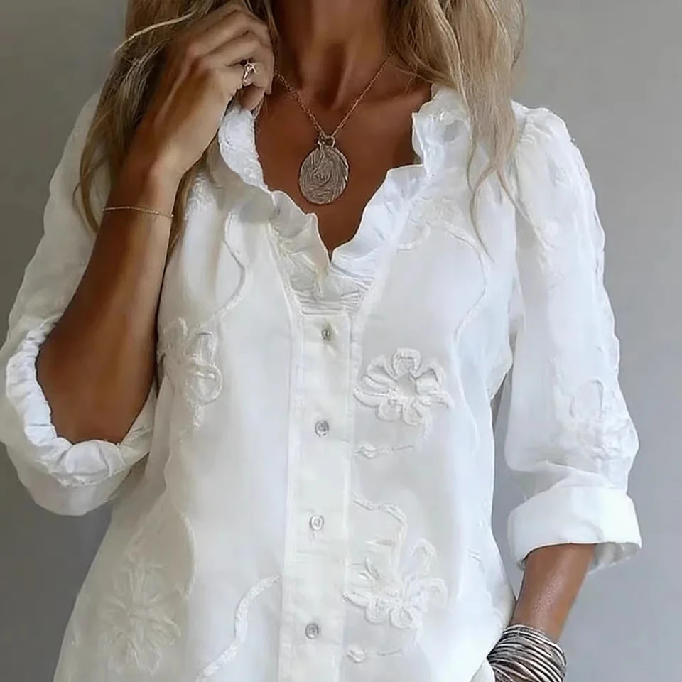 Damen elegante Bluse mit floralen Stickereien und voluminösen Ärmeln R&B - Image 2