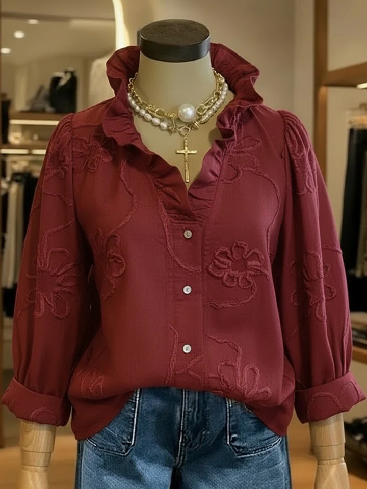 Damen elegante Bluse mit floralen Stickereien und voluminösen Ärmeln R&B - Image 9
