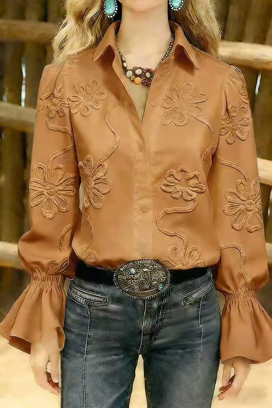 Damen elegante Bluse mit floraler Stickerei und voluminösen Ärmeln R&B - Image 5