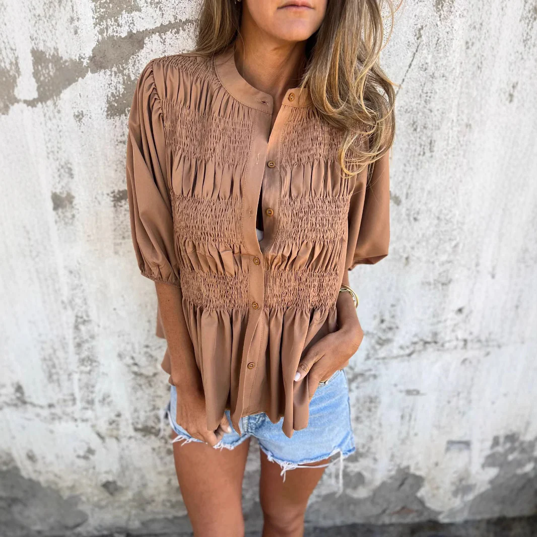 Damen elegante Bluse mit Raffung und durchgehender Knopfleiste R&B - Image 4