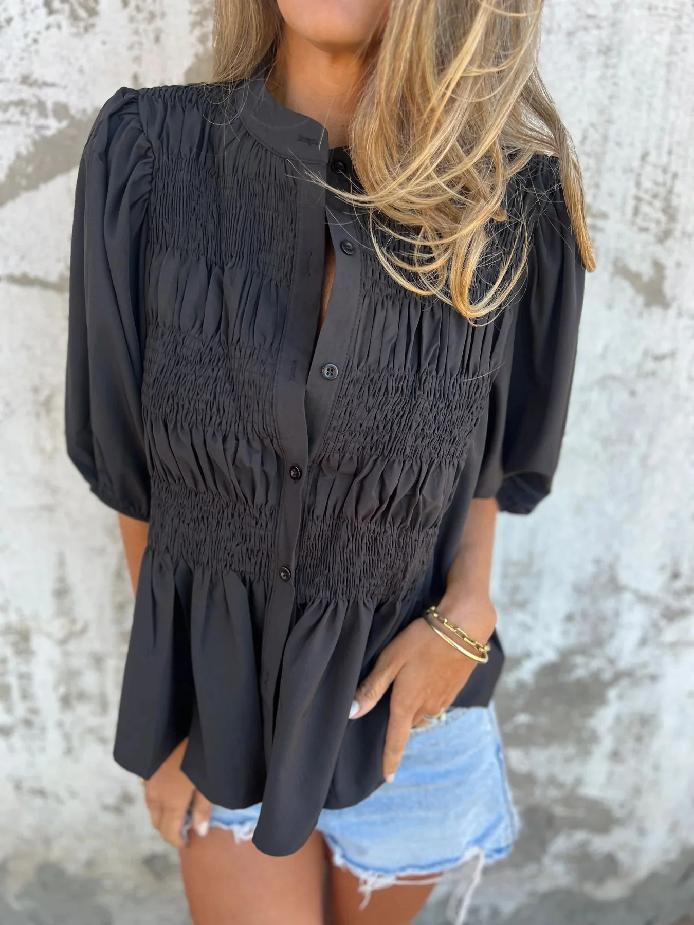 Damen elegante Bluse mit Raffung und durchgehender Knopfleiste R&B - Image 7