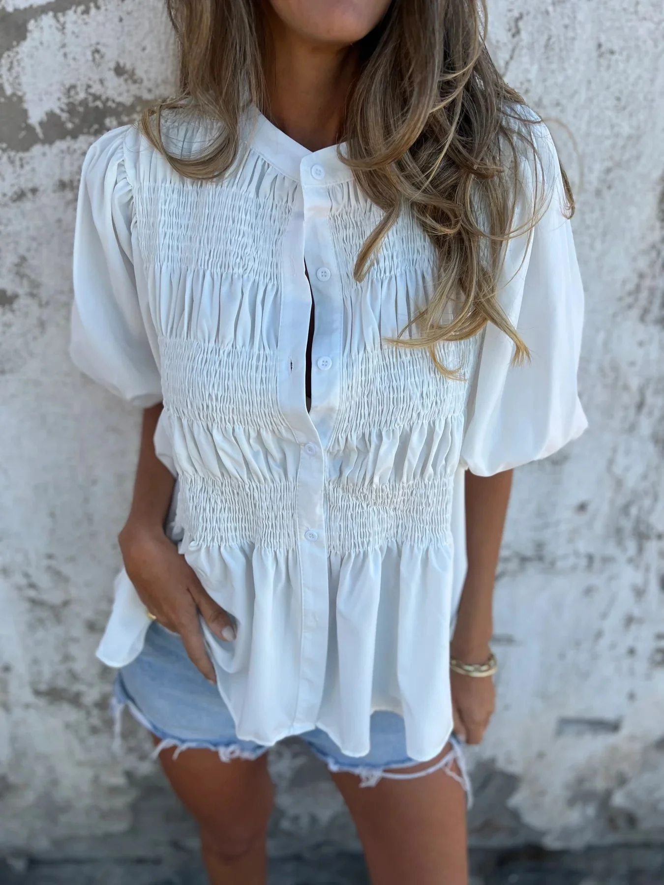 Damen elegante Bluse mit Raffung und durchgehender Knopfleiste R&B - Image 9