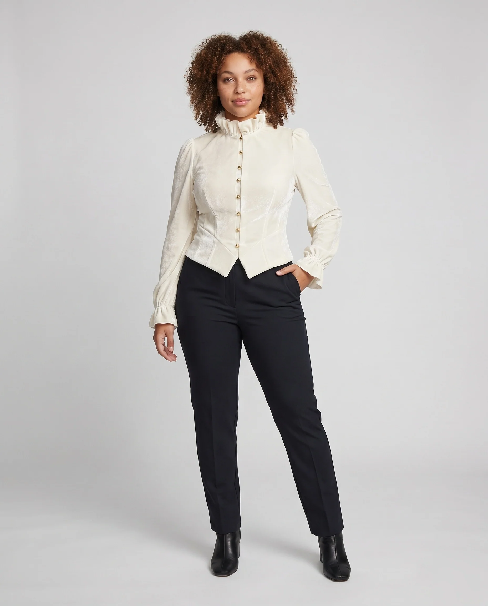 Damen elegante Bluse mit voluminösen Ärmeln und dekorativen Knöpfen R&B