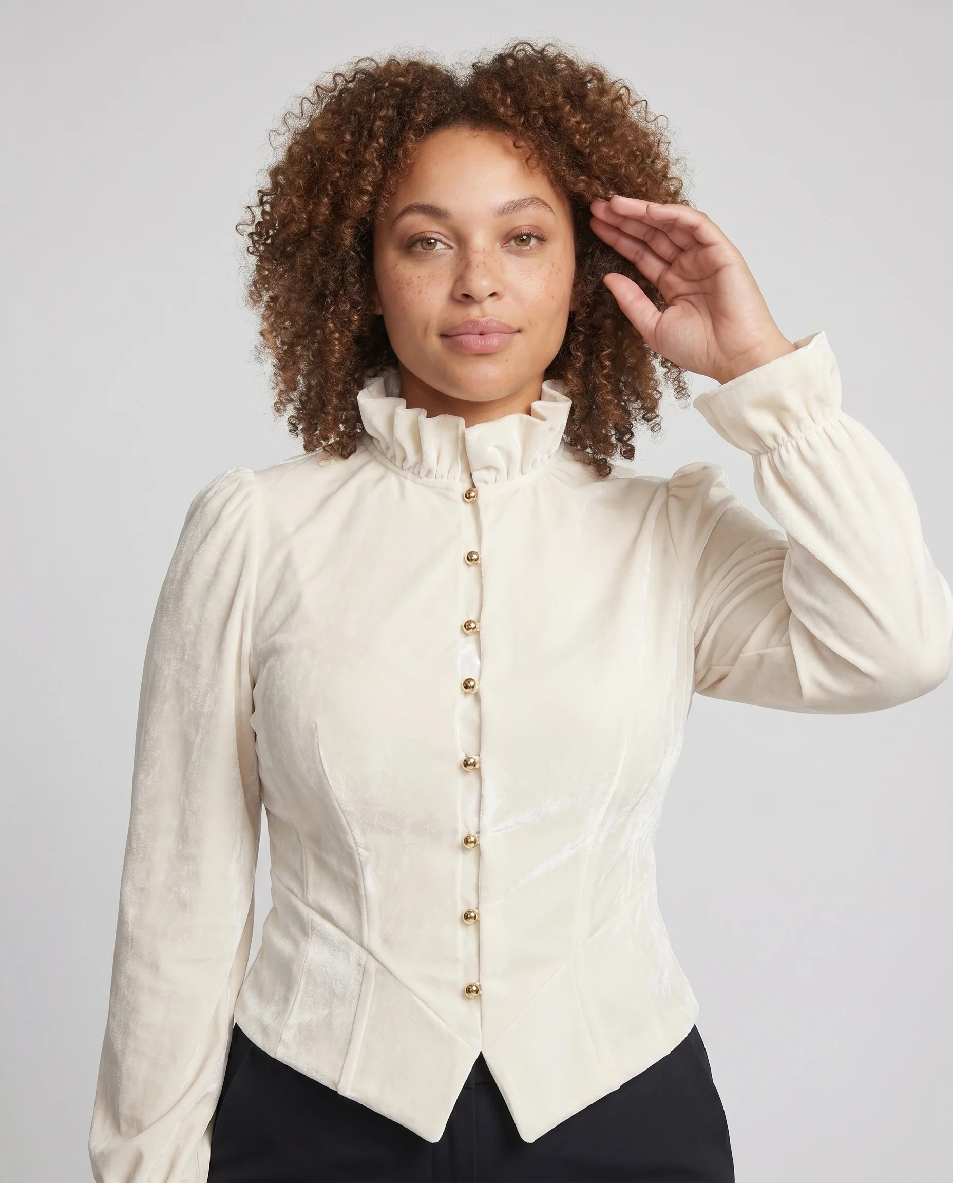 Damen elegante Bluse mit voluminösen Ärmeln und dekorativen Knöpfen R&B - Image 2