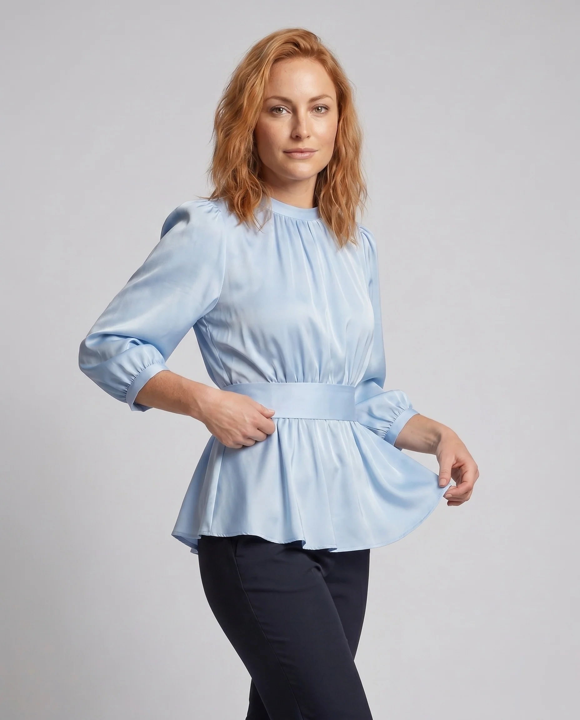 Damen Elegante Bluse mit voluminösen Ärmeln und tailliertem Gürtel R&B - Image 2