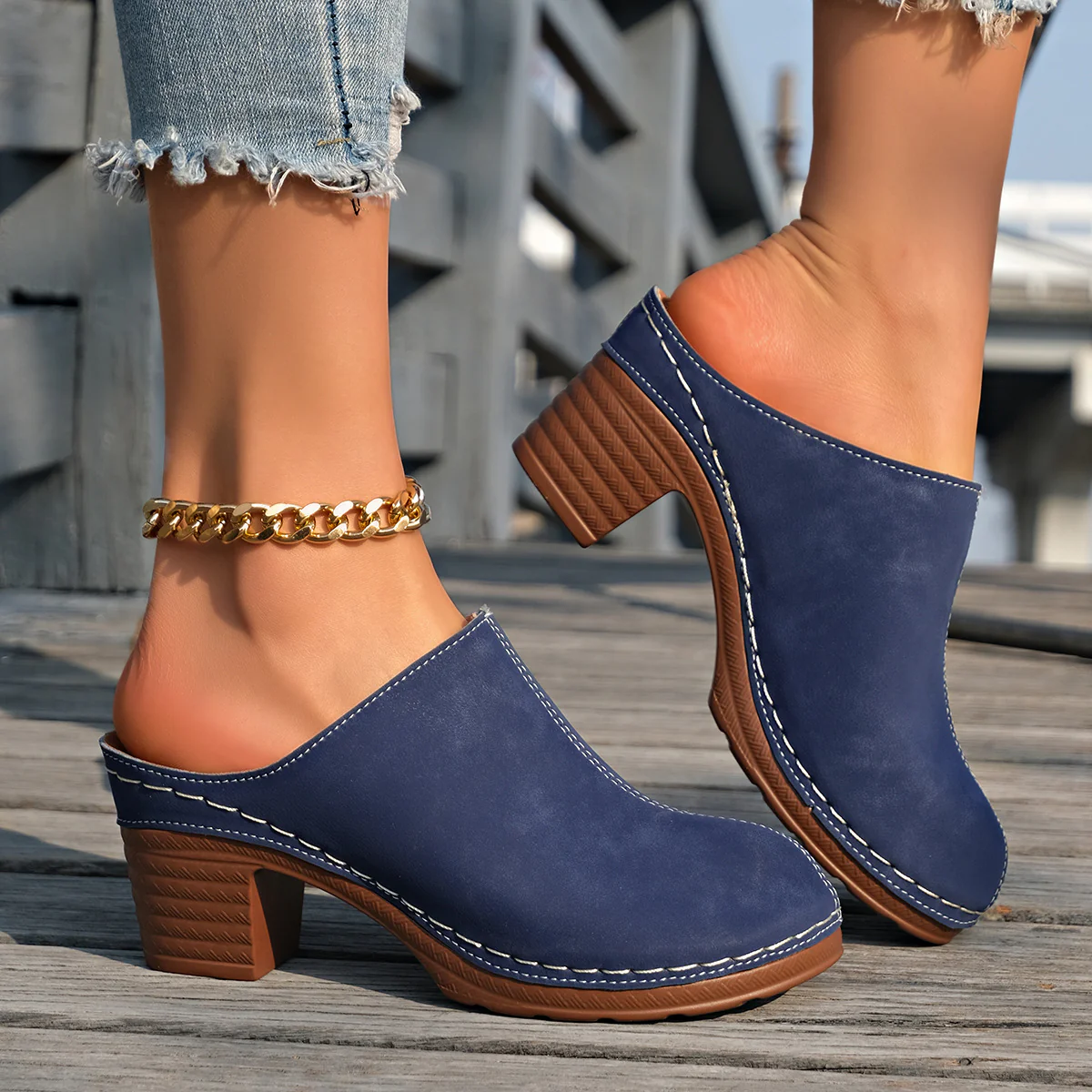 Damen Elegante Clogs aus hochwertigem Wildleder mit komfortablem Blockabsatz R&B