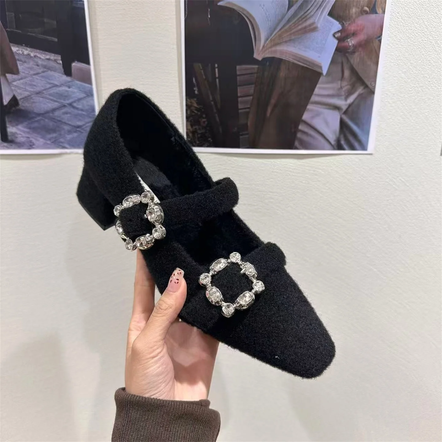 Damen elegante Filz-Mary Jane Schuhe mit schimmernden Schnallen R&B - Image 10
