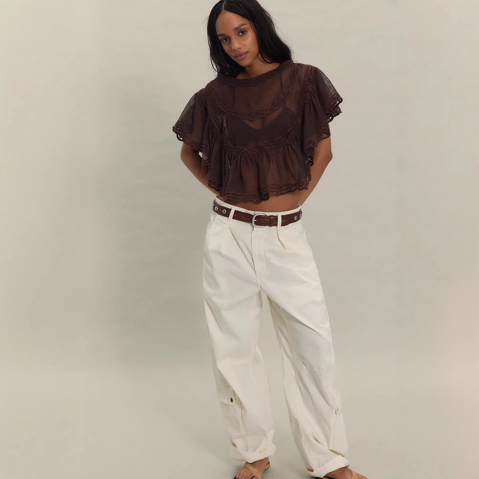 Damen Elegante Häkelbluse mit voluminösen Rüschendetails und transparentem Stoff R&B - Image 4