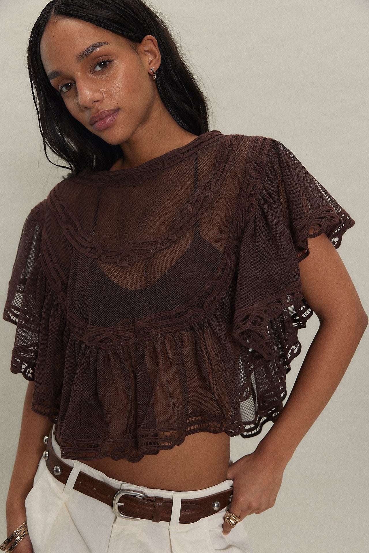 Damen Elegante Häkelbluse mit voluminösen Rüschendetails und transparentem Stoff R&B - Image 6